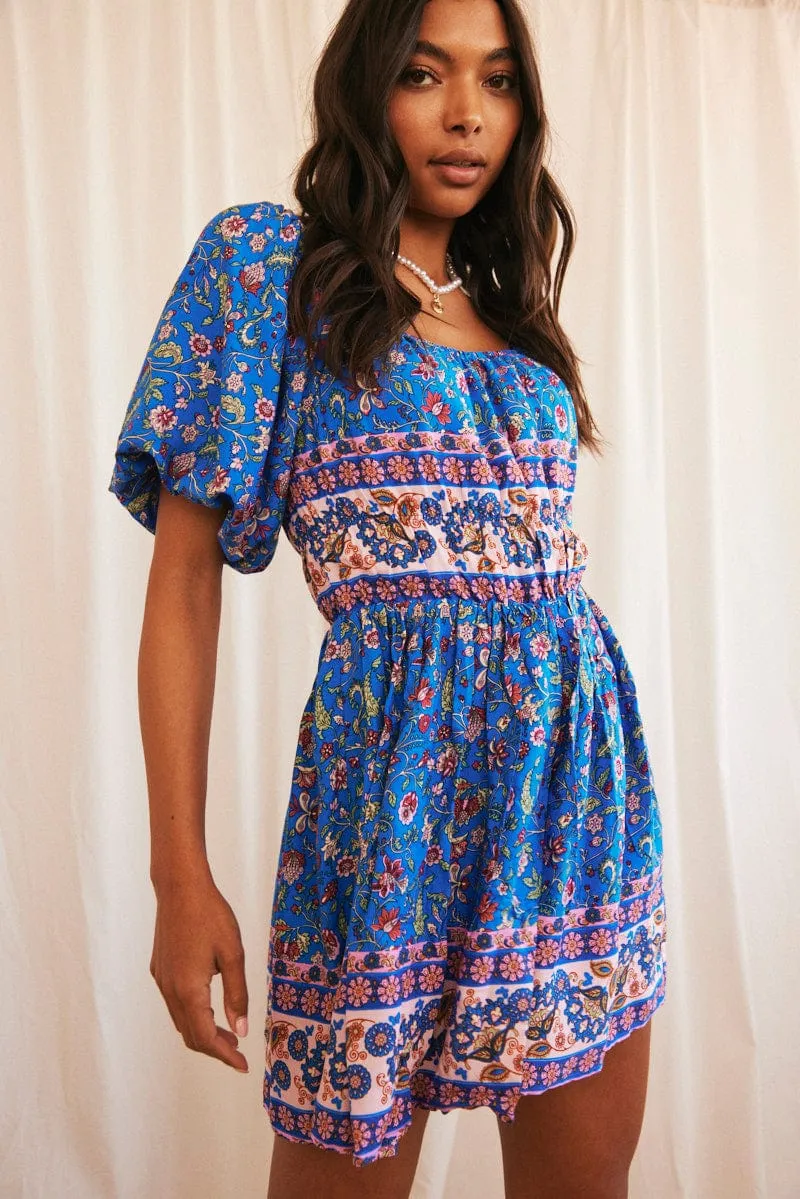 Blue Boho Mini Dress Short Sleeve Off Shoulder Skater sold by Ally Fashion product image thumbnail 3
