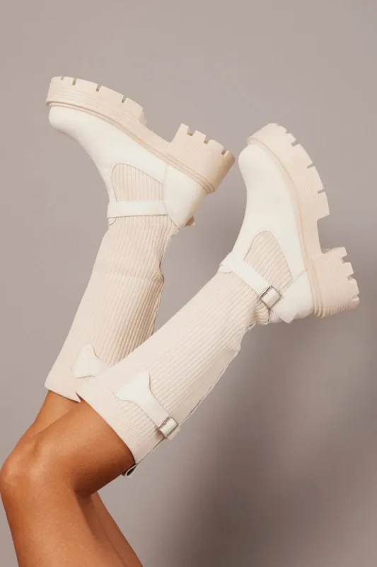 White Knee High Chunky Sole Boots sold by Ally Fashion