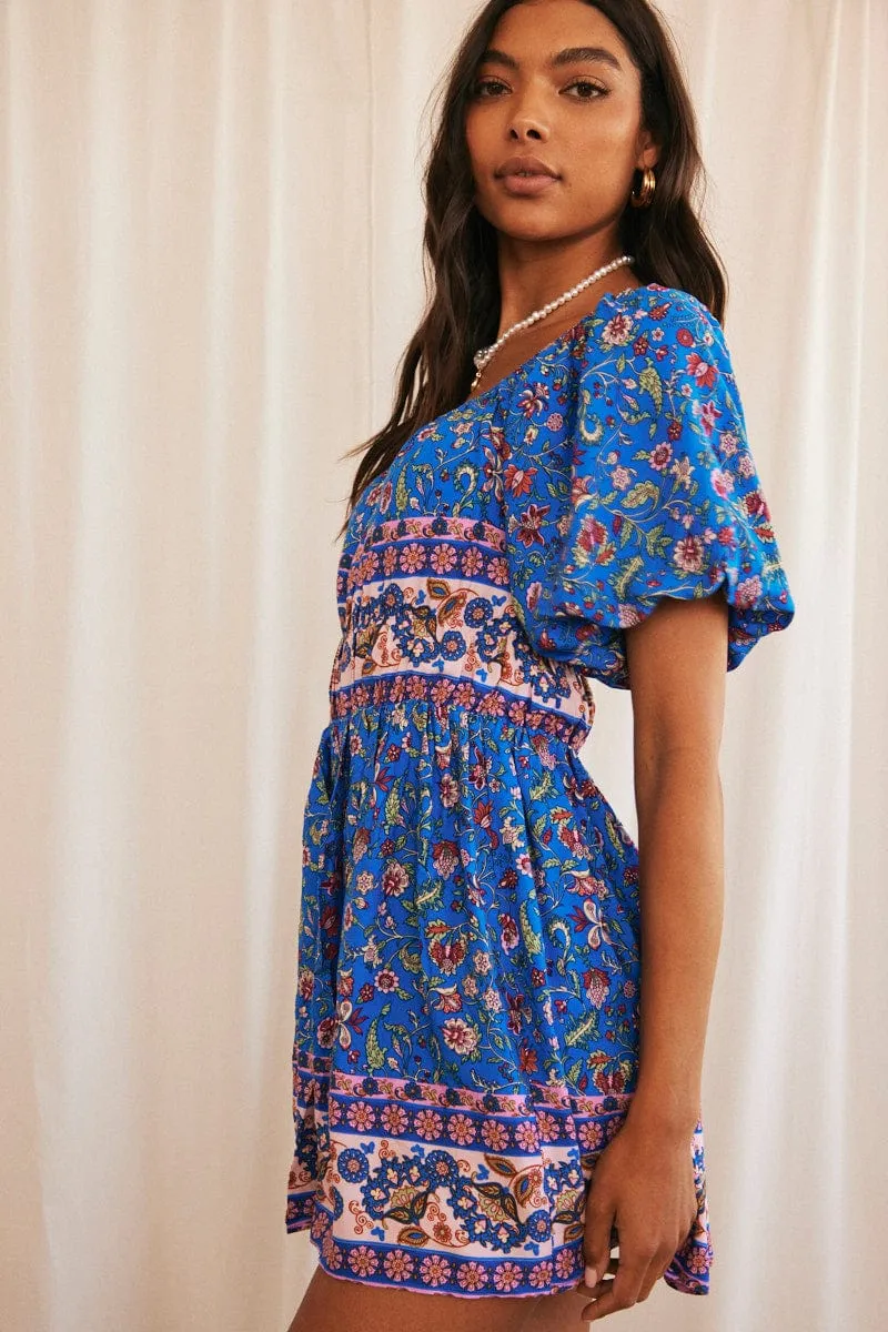 Blue Boho Mini Dress Short Sleeve Off Shoulder Skater sold by Ally Fashion product image thumbnail 4