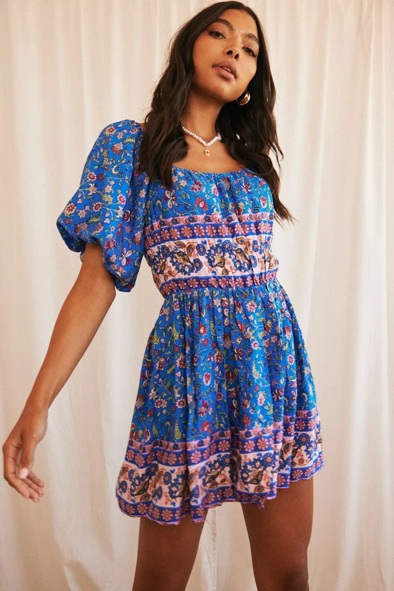 Blue Boho Mini Dress Short Sleeve Off Shoulder Skater sold by Ally Fashion