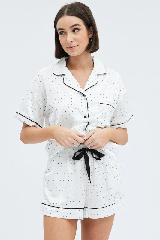 White Polka Dot Polka Pj Contrast Piping Satin Pyjama Set sold by Ally Fashion