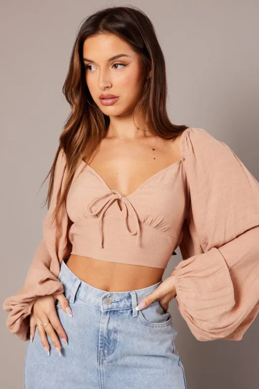 Brown Gathered Bust Top Balloon Sleeve Backless Blouse sold by Ally Fashion