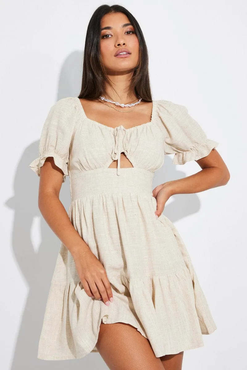 Beige Fit and Flare Dress Short Sleeve Linen Blend sold by Ally Fashion product image thumbnail 3