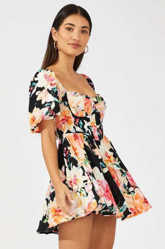 Black Floral Puff Sleeve Skater Dress sold by Ally Fashion