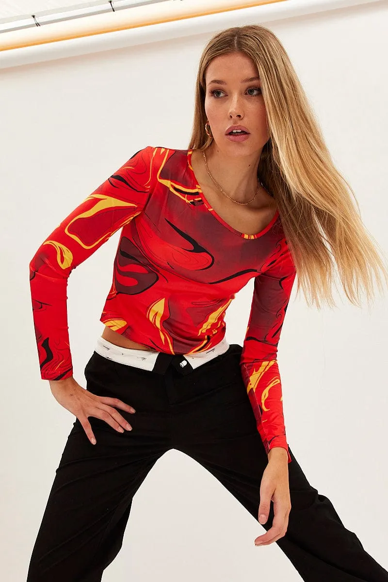 Orange Abstract Abstract Print Mesh Top sold by Ally Fashion product image thumbnail 3