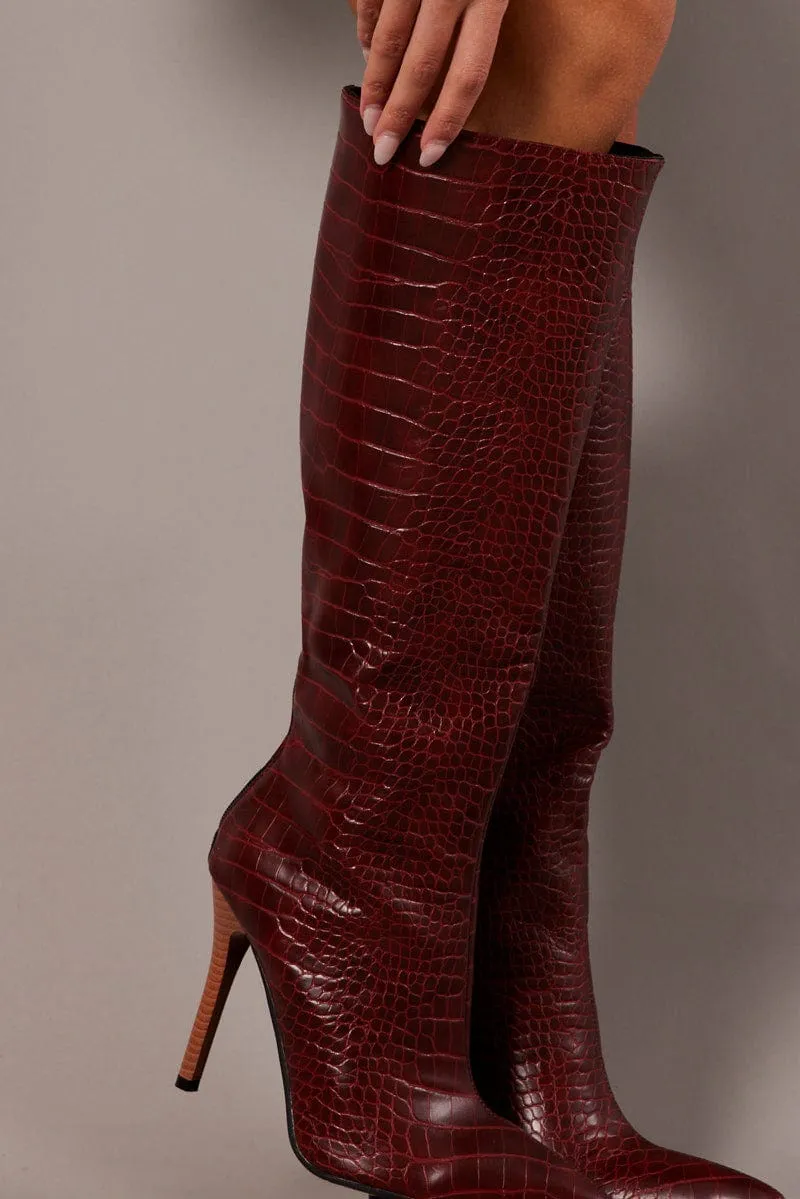 Brown Heeled Knee High Boots in Croc sold by Ally Fashion product image thumbnail 2