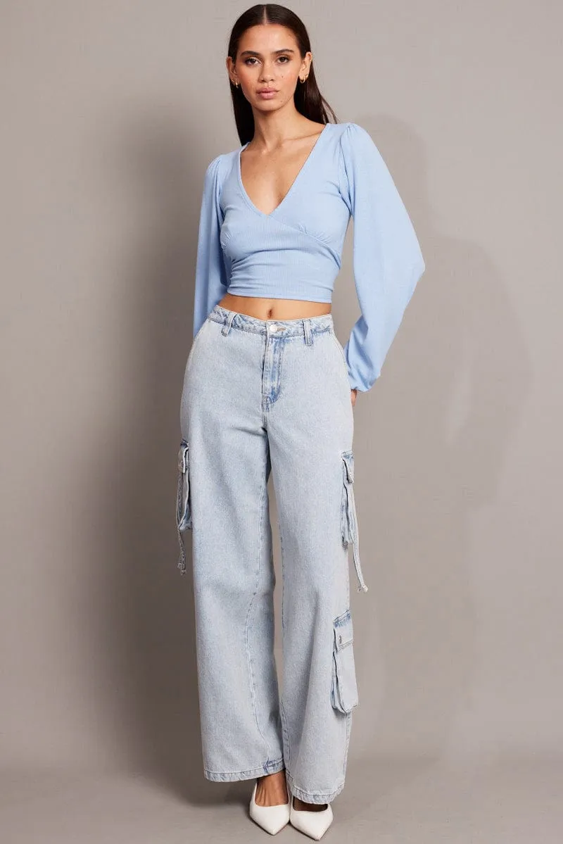 Blue Puff Sleeve Top Long Sleeve V Neck sold by Ally Fashion product image thumbnail 2