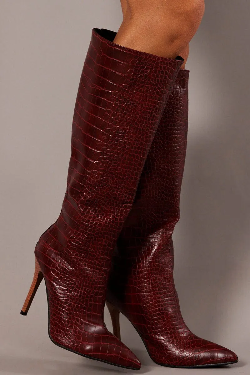 Brown Heeled Knee High Boots in Croc sold by Ally Fashion