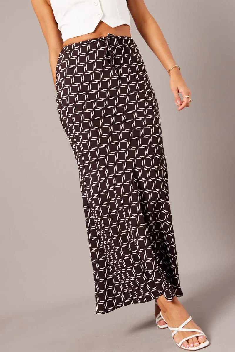 Brown Geo Slip Skirt Maxi Drawstring Waist sold by Ally Fashion