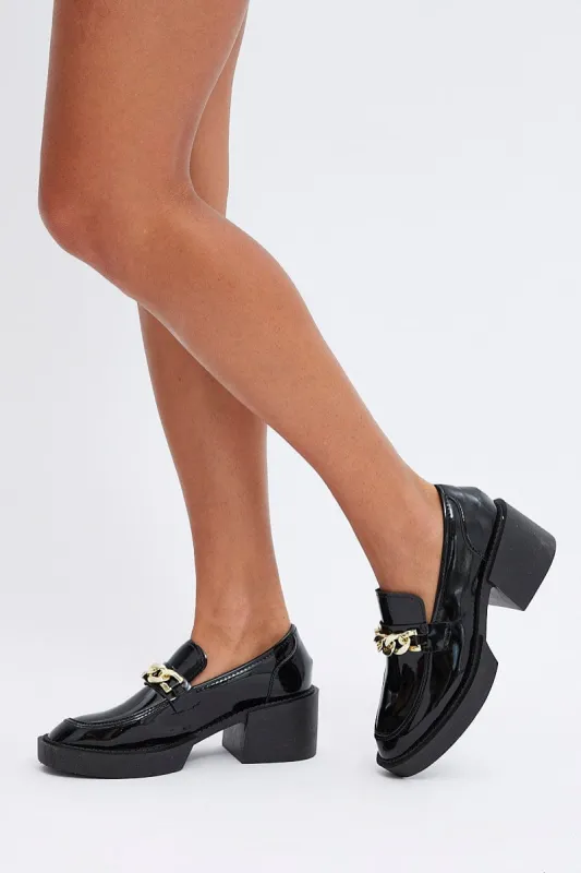 Black Chain Detail Chunky Mid-Heeled Loafers In Patent sold by Ally Fashion