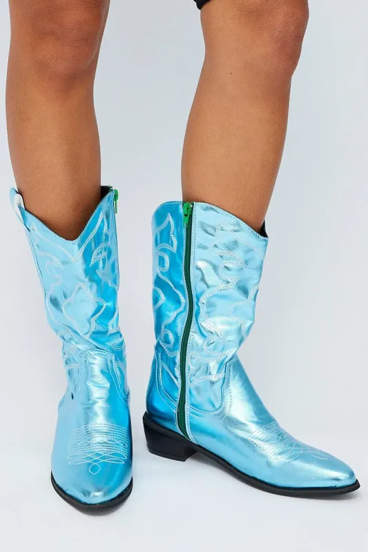 Blue Festival Western Metallic Cowboy Boot sold by Ally Fashion