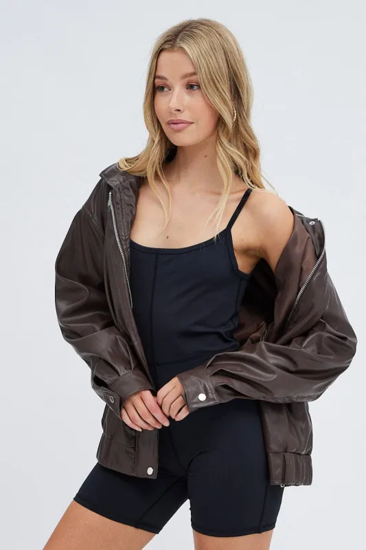Brown PU oversized Jacket sold by Ally Fashion