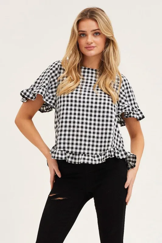 Check 3/4 Sleeve Frilled High-Low Top sold by Ally Fashion