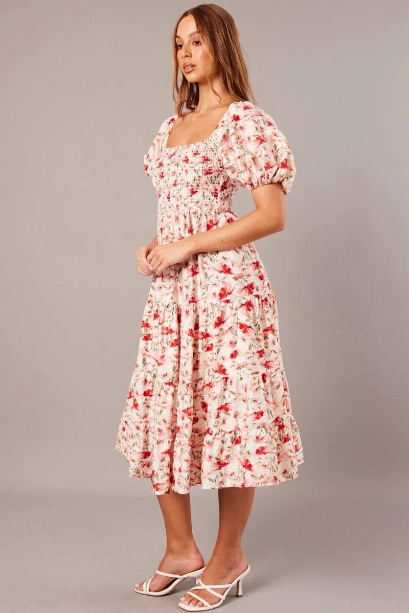 White Floral Midi Dress Puff Sleeve Shirred Bust sold by Ally Fashion product image thumbnail 3