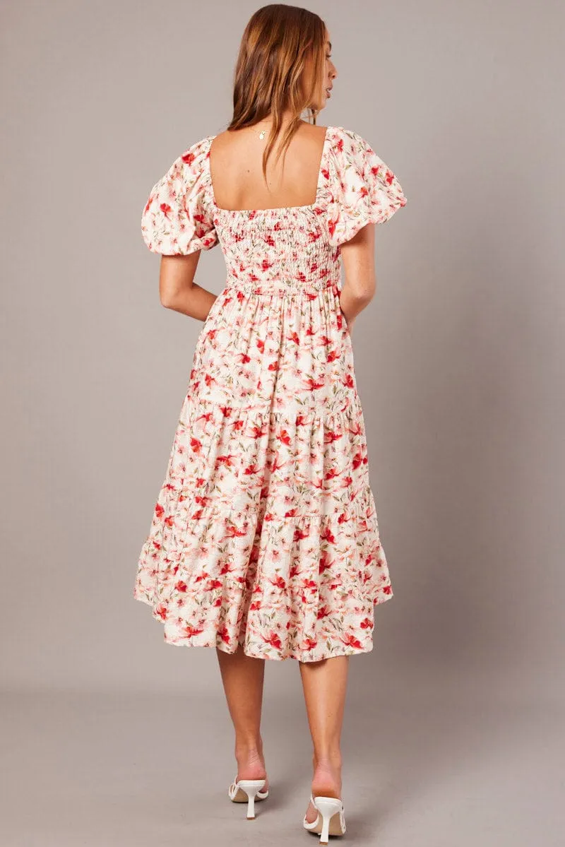 White Floral Midi Dress Puff Sleeve Shirred Bust sold by Ally Fashion product image thumbnail 4
