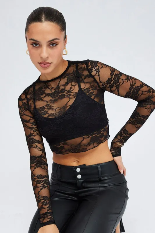 Black Lace Top Sheer Long Sleeve Crop sold by Ally Fashion