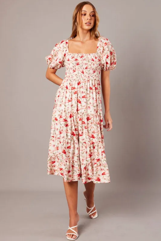 White Floral Midi Dress Puff Sleeve Shirred Bust sold by Ally Fashion