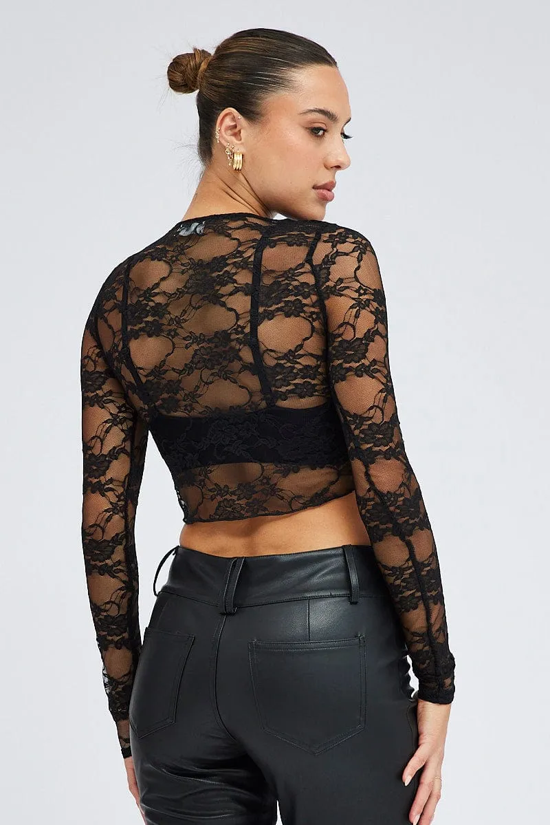 Black Lace Top Sheer Long Sleeve Crop sold by Ally Fashion product image thumbnail 5