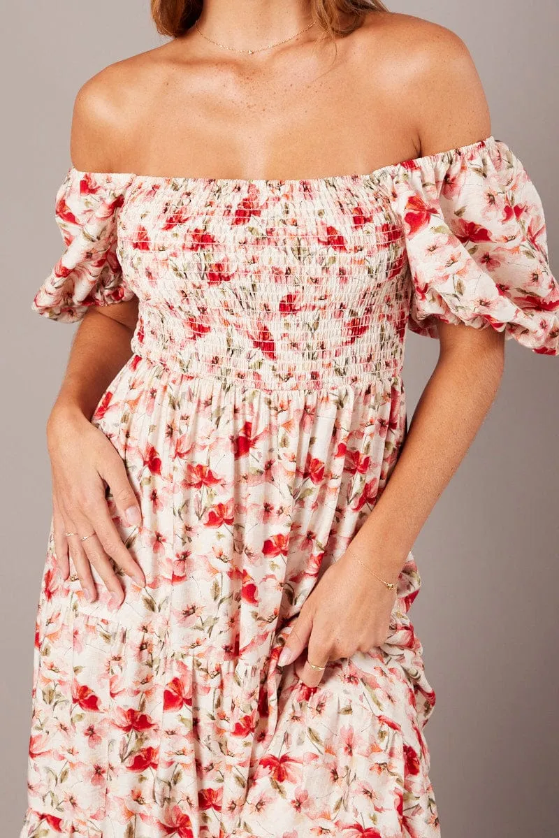 White Floral Midi Dress Puff Sleeve Shirred Bust sold by Ally Fashion product image thumbnail 5