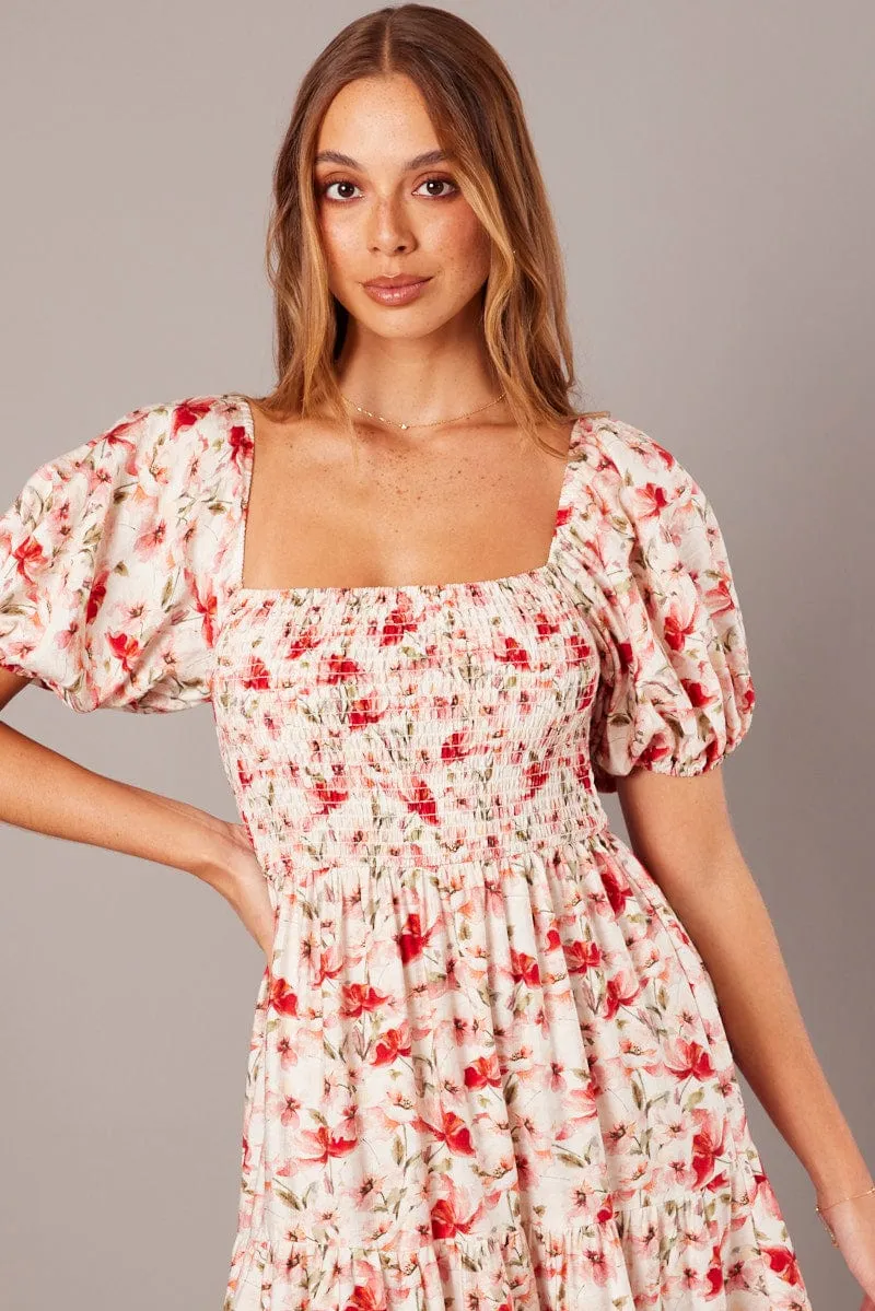 White Floral Midi Dress Puff Sleeve Shirred Bust sold by Ally Fashion product image thumbnail 2