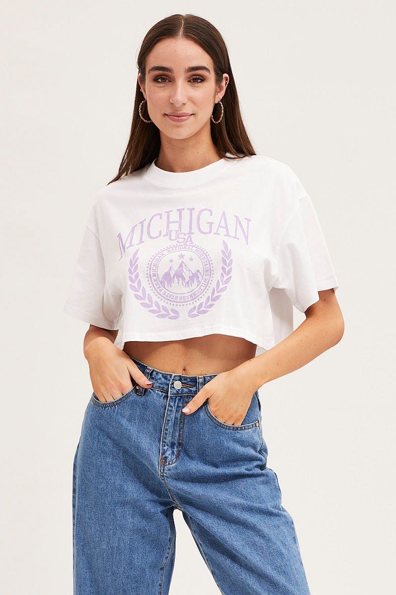 White Crew Cropped Graphic T-Shirt sold by Ally Fashion