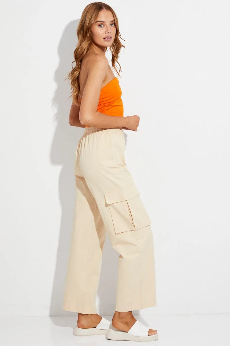 Beige Elastic Waist High Rise Wide Leg Cargo Pants sold by Ally Fashion product image thumbnail 4