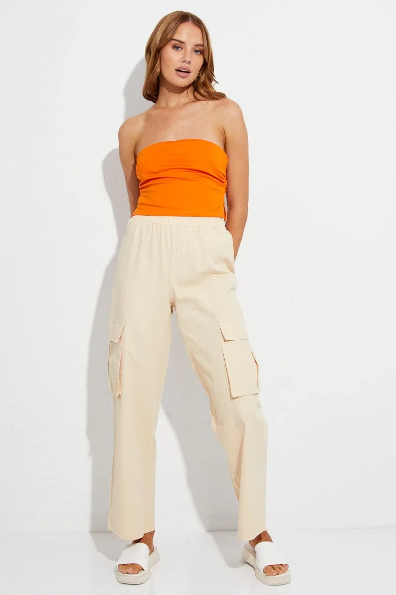 Beige Elastic Waist High Rise Wide Leg Cargo Pants sold by Ally Fashion
