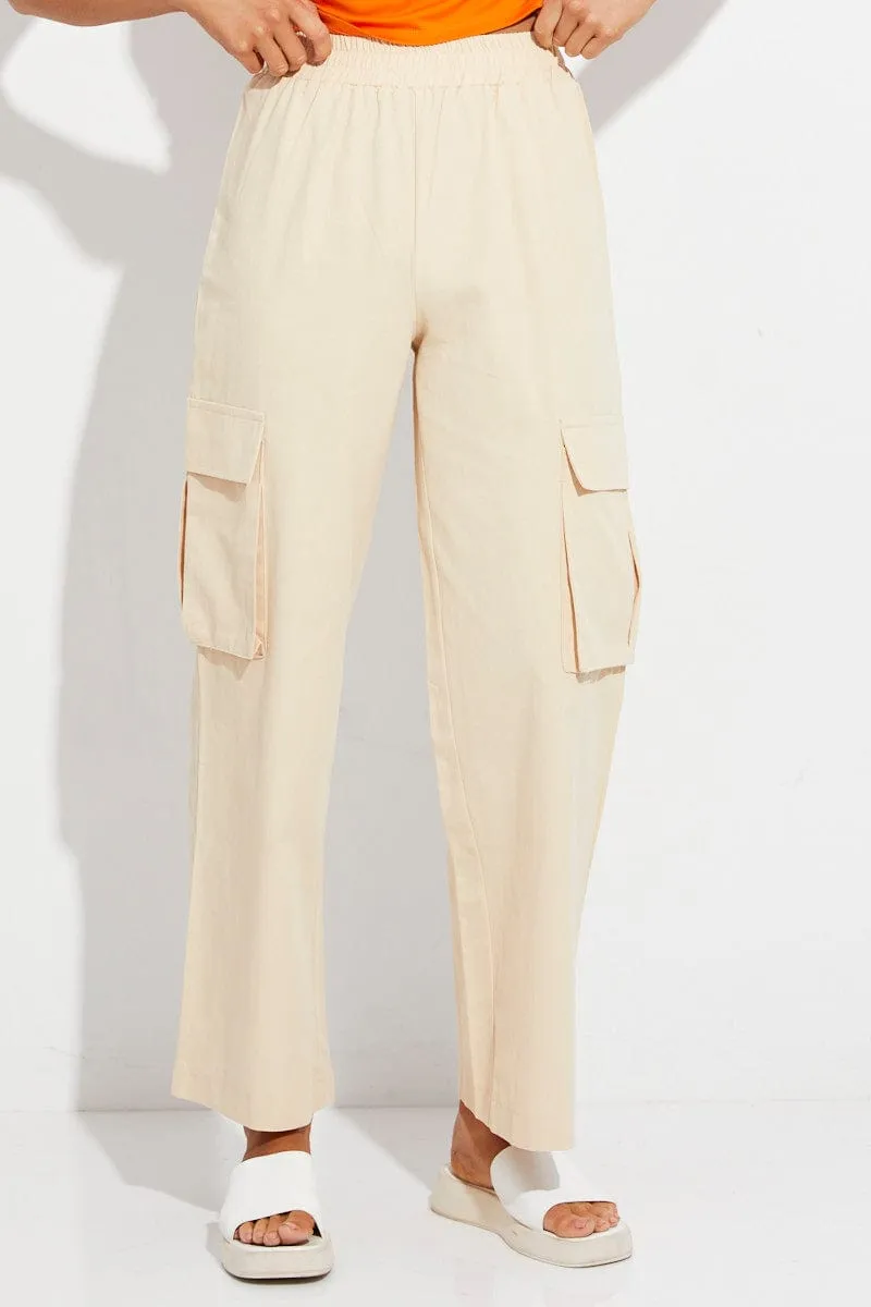 Beige Elastic Waist High Rise Wide Leg Cargo Pants sold by Ally Fashion product image thumbnail 2