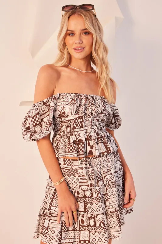 Brown Abstract Peplum Top Short Sleeve Ruched Bust sold by Ally Fashion