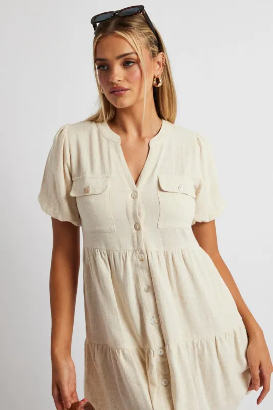Beige Button Through Mini Dress Collar Linen Blend sold by Ally Fashion