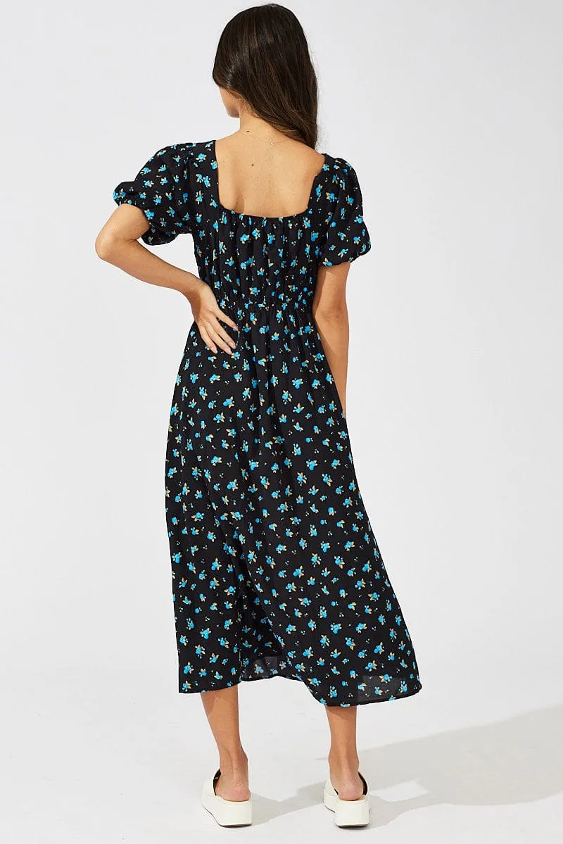 Blue Floral Midi Dress Puff Sleeve Midi sold by Ally Fashion product image thumbnail 5