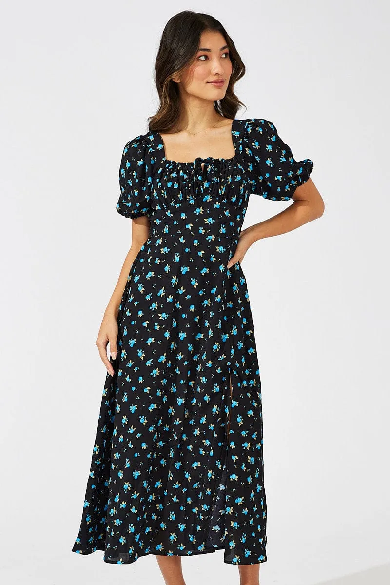 Blue Floral Midi Dress Puff Sleeve Midi sold by Ally Fashion product image thumbnail 2