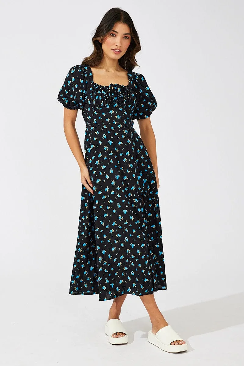 Blue Floral Midi Dress Puff Sleeve Midi sold by Ally Fashion product image thumbnail 3