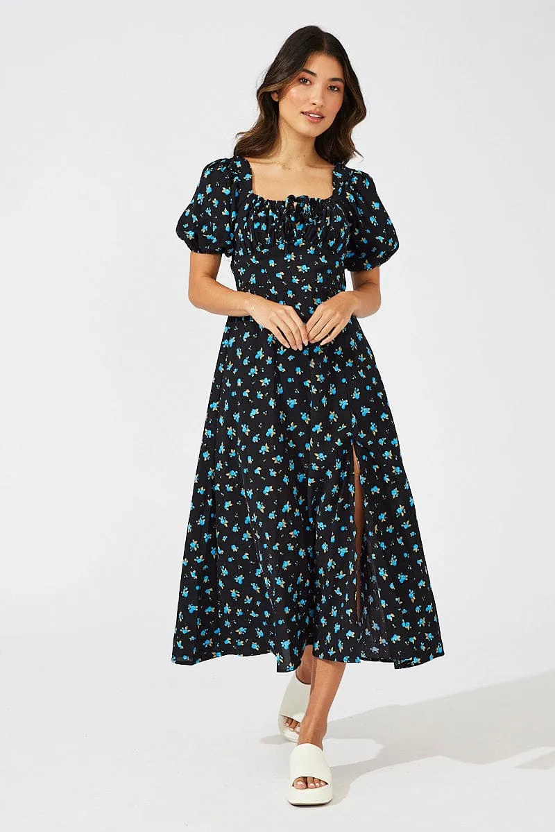 Blue Floral Midi Dress Puff Sleeve Midi sold by Ally Fashion