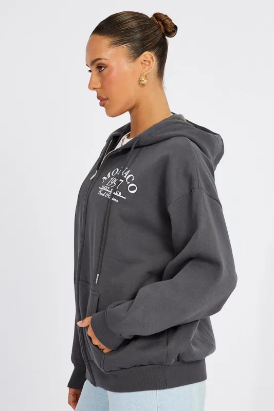 Grey Zip Hoodie Long Sleeve Graphic Print sold by Ally Fashion