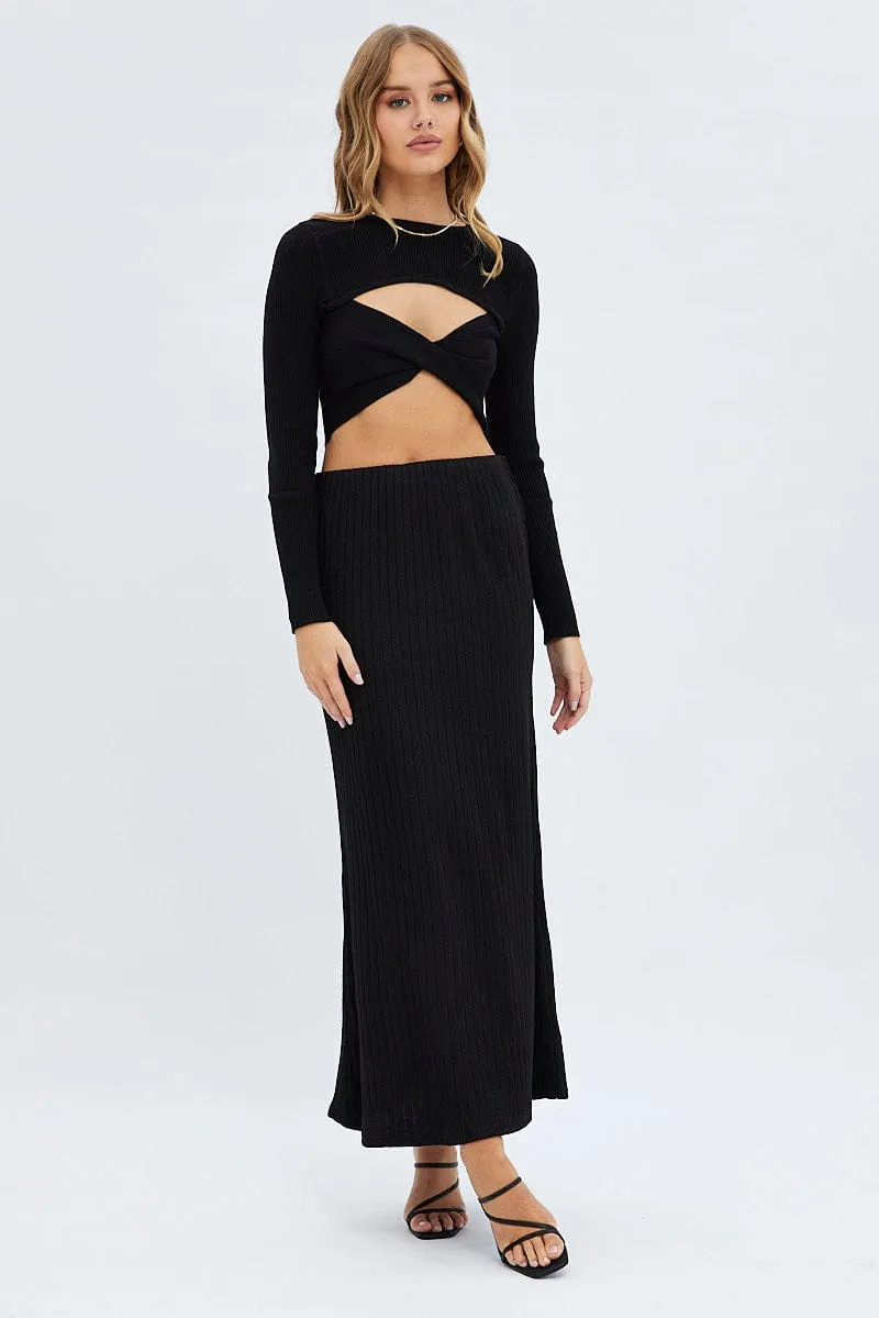 Black Maxi Skirt Mid Rise A-line Rib Jersey sold by Ally Fashion product image thumbnail 3