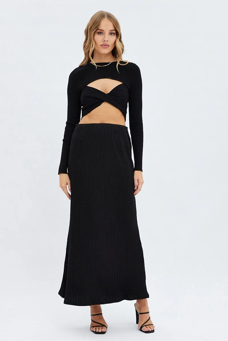 Black Maxi Skirt Mid Rise A-line Rib Jersey sold by Ally Fashion