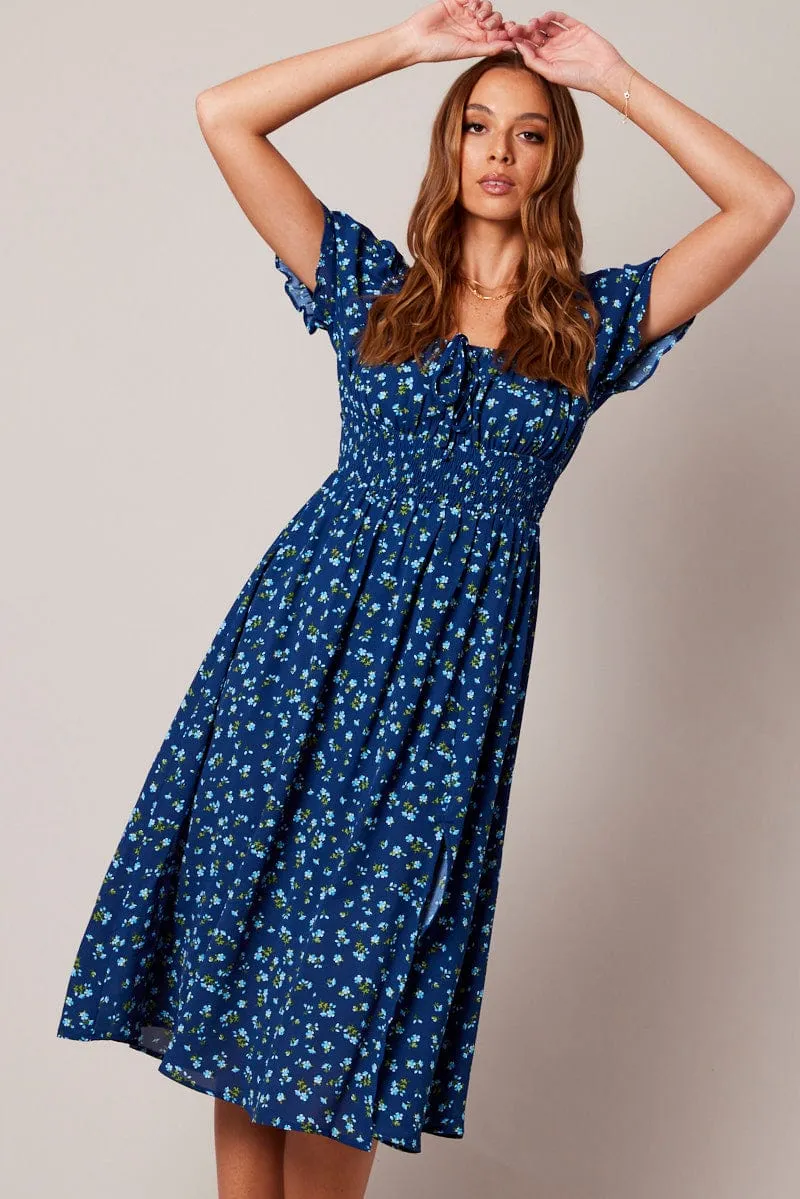 Blue Ditsy Midi Dress Short Sleeve Ruched Bust sold by Ally Fashion product image thumbnail 2