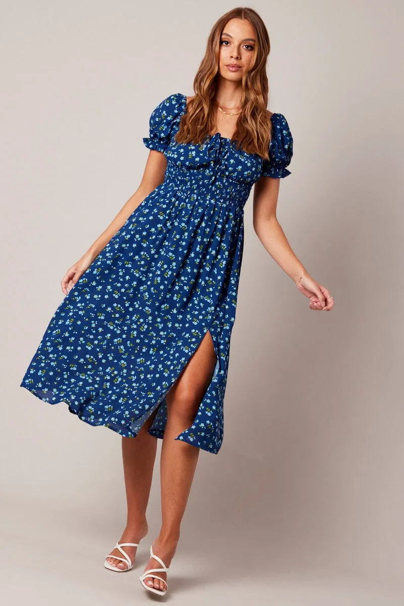 Blue Ditsy Midi Dress Short Sleeve Ruched Bust sold by Ally Fashion product image thumbnail 3