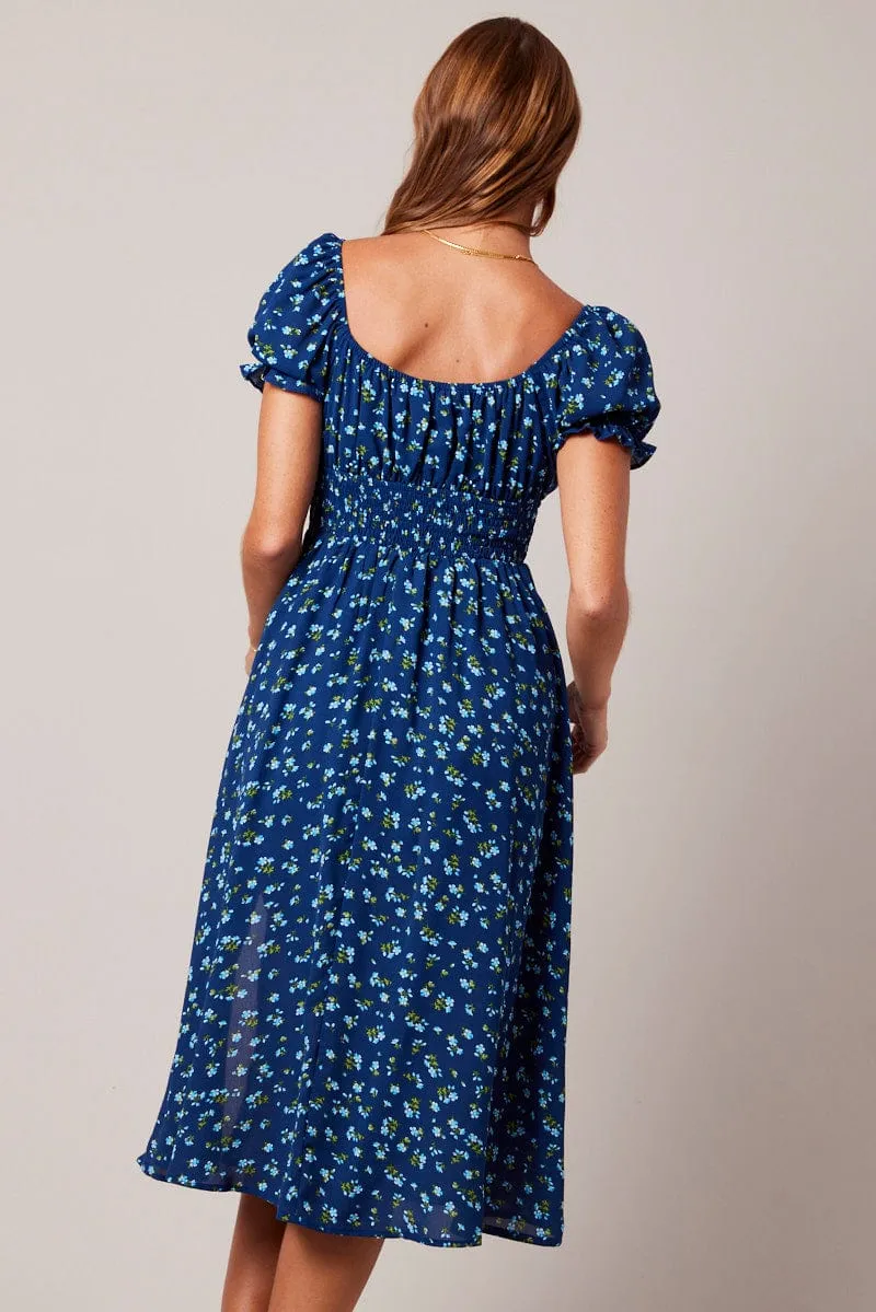 Blue Ditsy Midi Dress Short Sleeve Ruched Bust sold by Ally Fashion product image thumbnail 4