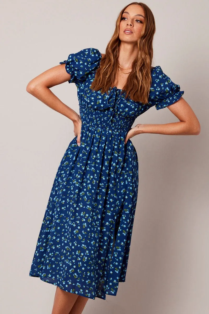 Blue Ditsy Midi Dress Short Sleeve Ruched Bust sold by Ally Fashion
