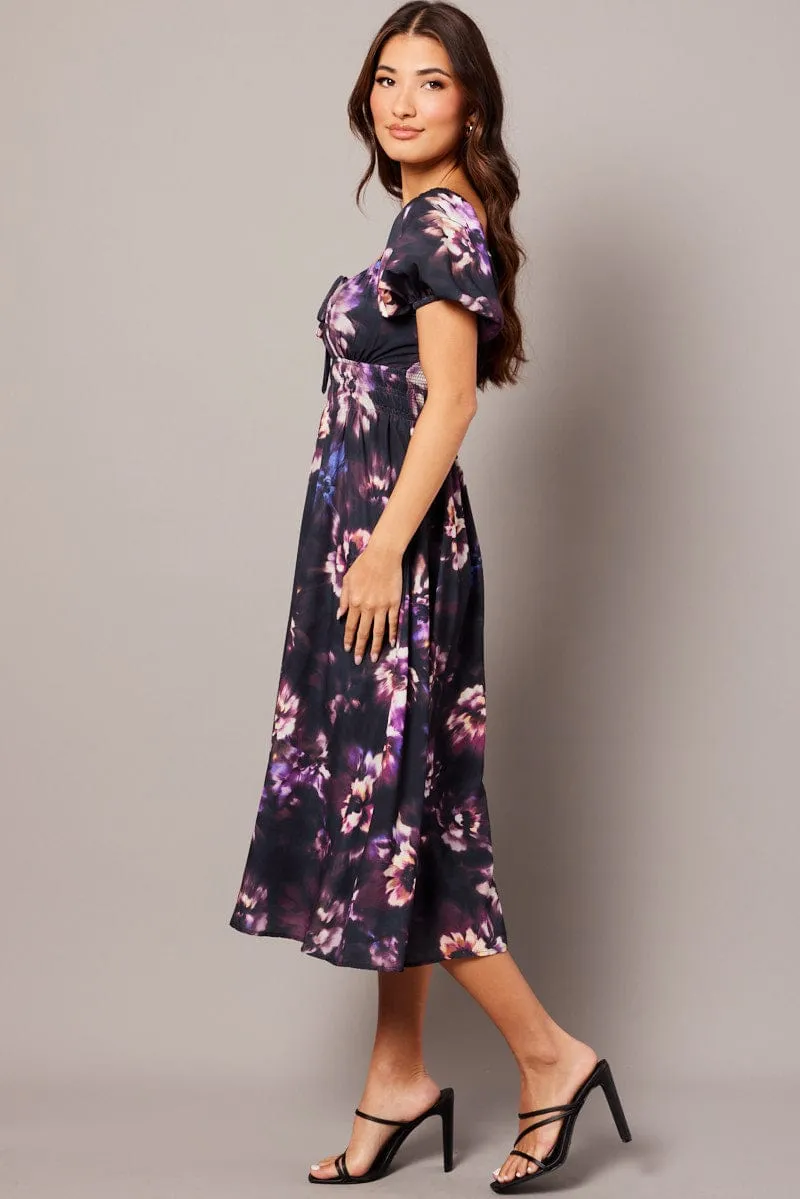 Purple Floral Midi Dress Short Sleeve Ruched Bust sold by Ally Fashion product image thumbnail 4