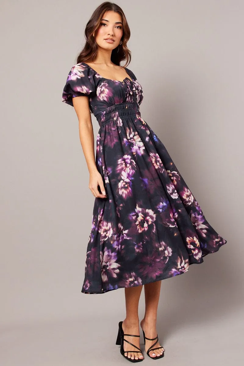 Purple Floral Midi Dress Short Sleeve Ruched Bust sold by Ally Fashion