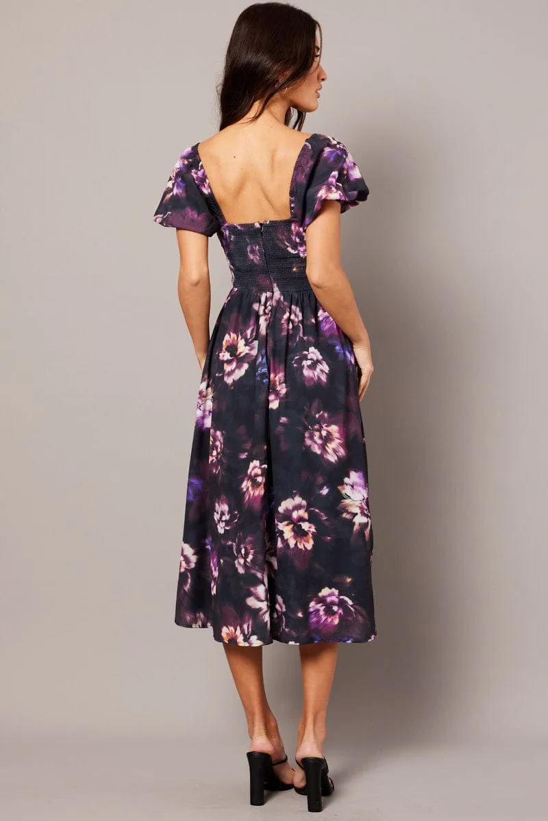 Purple Floral Midi Dress Short Sleeve Ruched Bust sold by Ally Fashion product image thumbnail 5