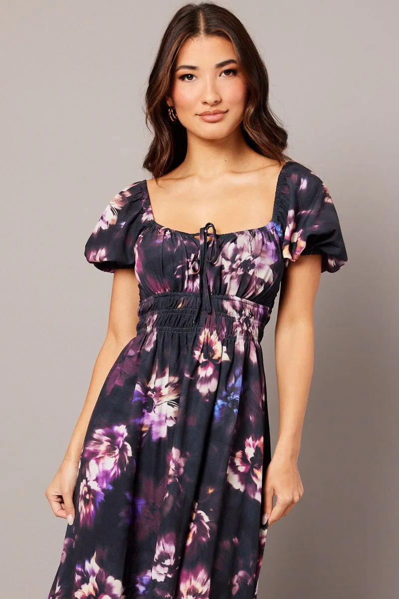 Purple Floral Midi Dress Short Sleeve Ruched Bust sold by Ally Fashion product image thumbnail 2