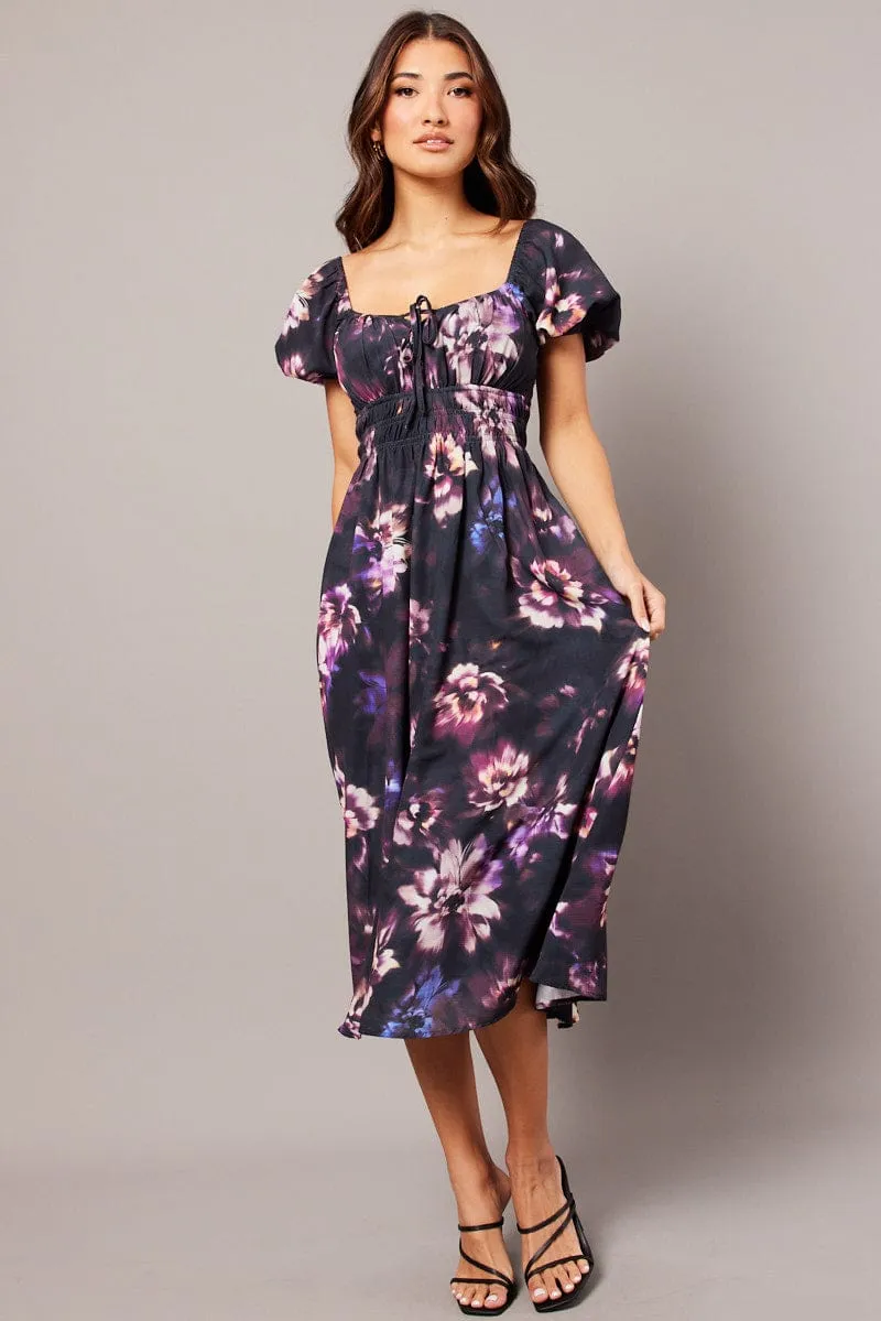 Purple Floral Midi Dress Short Sleeve Ruched Bust sold by Ally Fashion product image thumbnail 3
