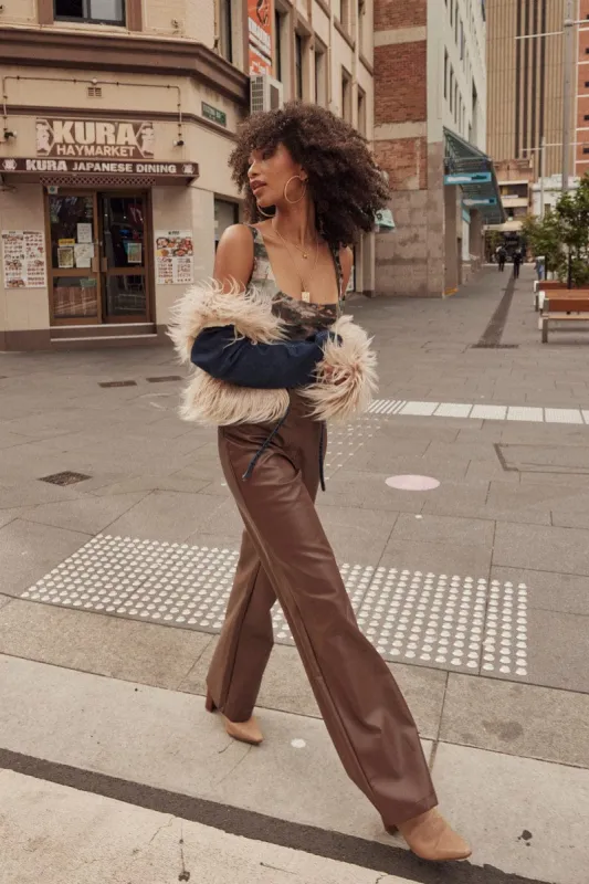 Brown Straight Fit Pants High Rise Faux Leather sold by Ally Fashion