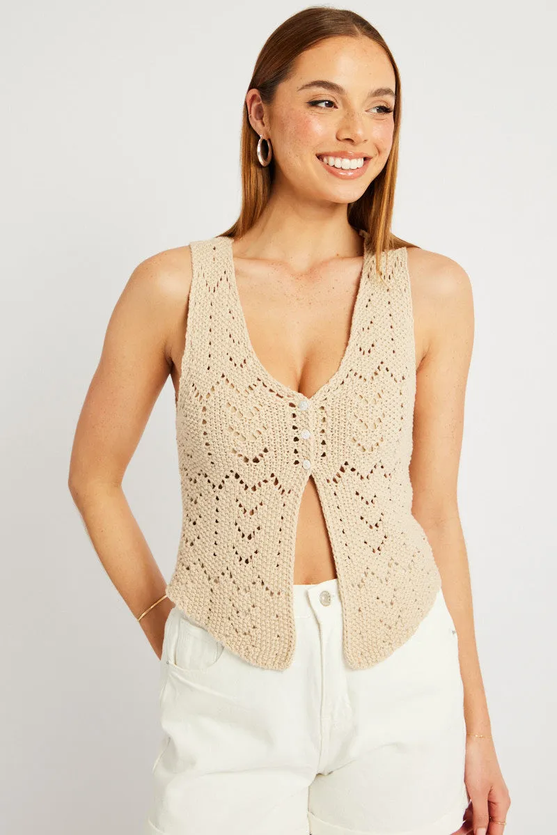 Beige Knit Vest Sleeveless V Neck Crochet Button Up sold by Ally Fashion product image thumbnail 3