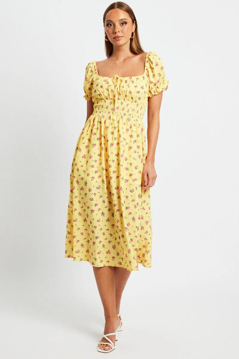 Yellow Floral Midi Dress Short Sleeve Ruched Bust sold by Ally Fashion product image thumbnail 3