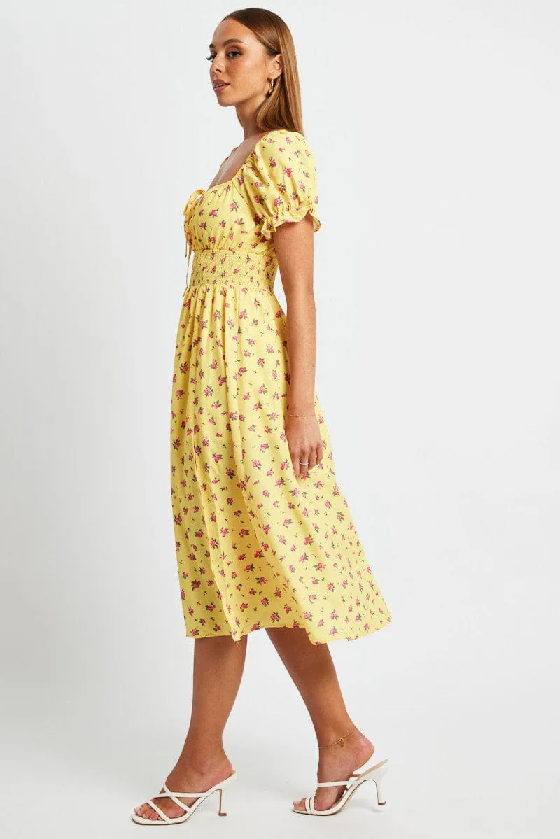 Yellow Floral Midi Dress Short Sleeve Ruched Bust sold by Ally Fashion product image thumbnail 4